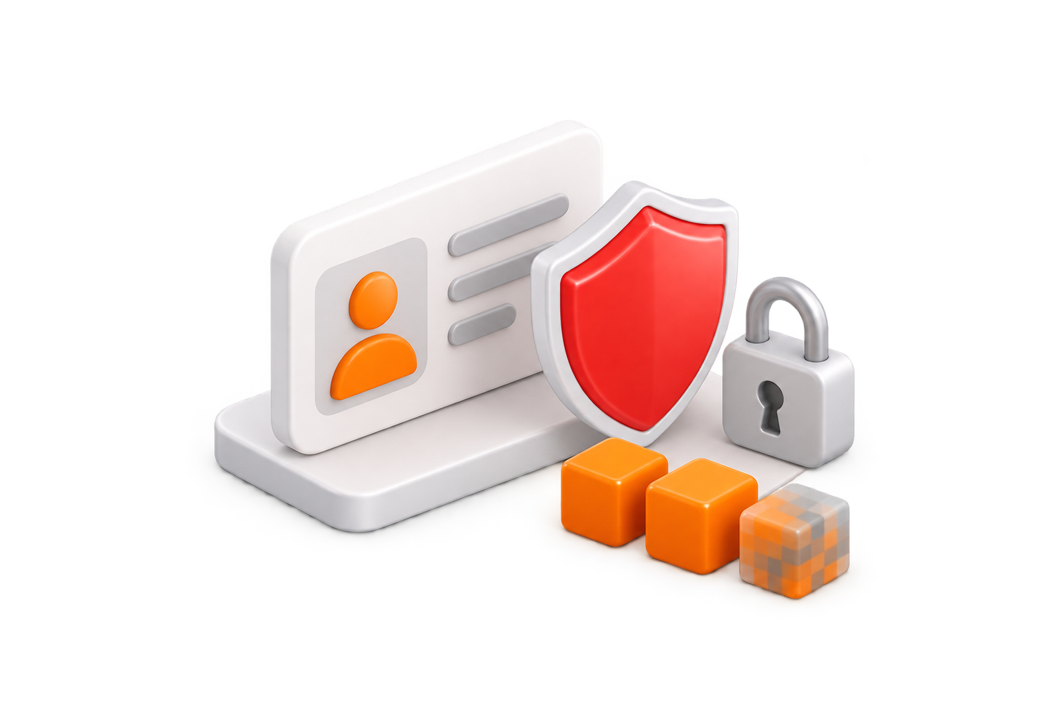 An ID card behind a red shield, a padlock and a masked data block