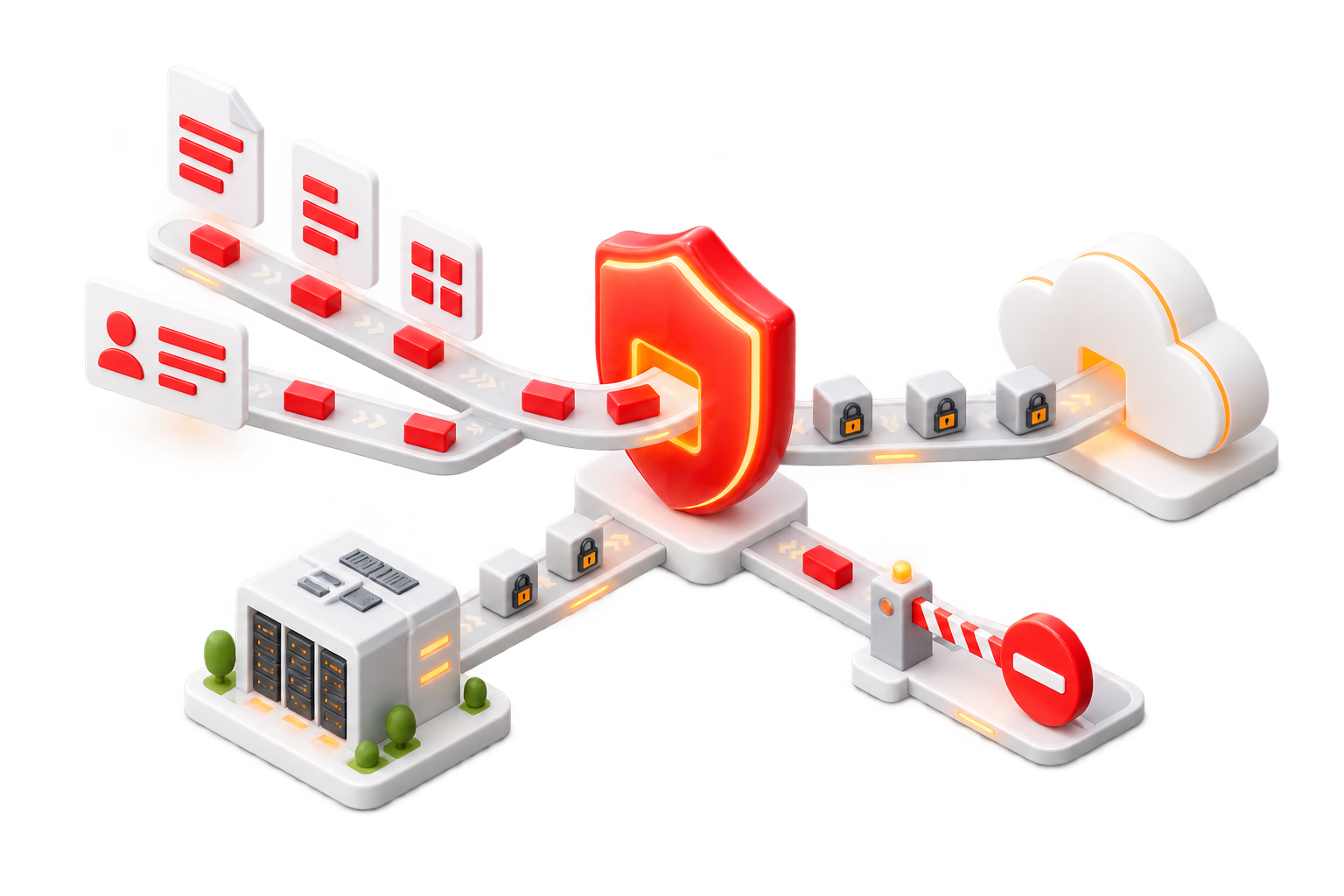 Documents with personal data pass through a red shield: locked blocks go on to the cloud, some stay in an on-premise data centre, one is stopped at a barrier